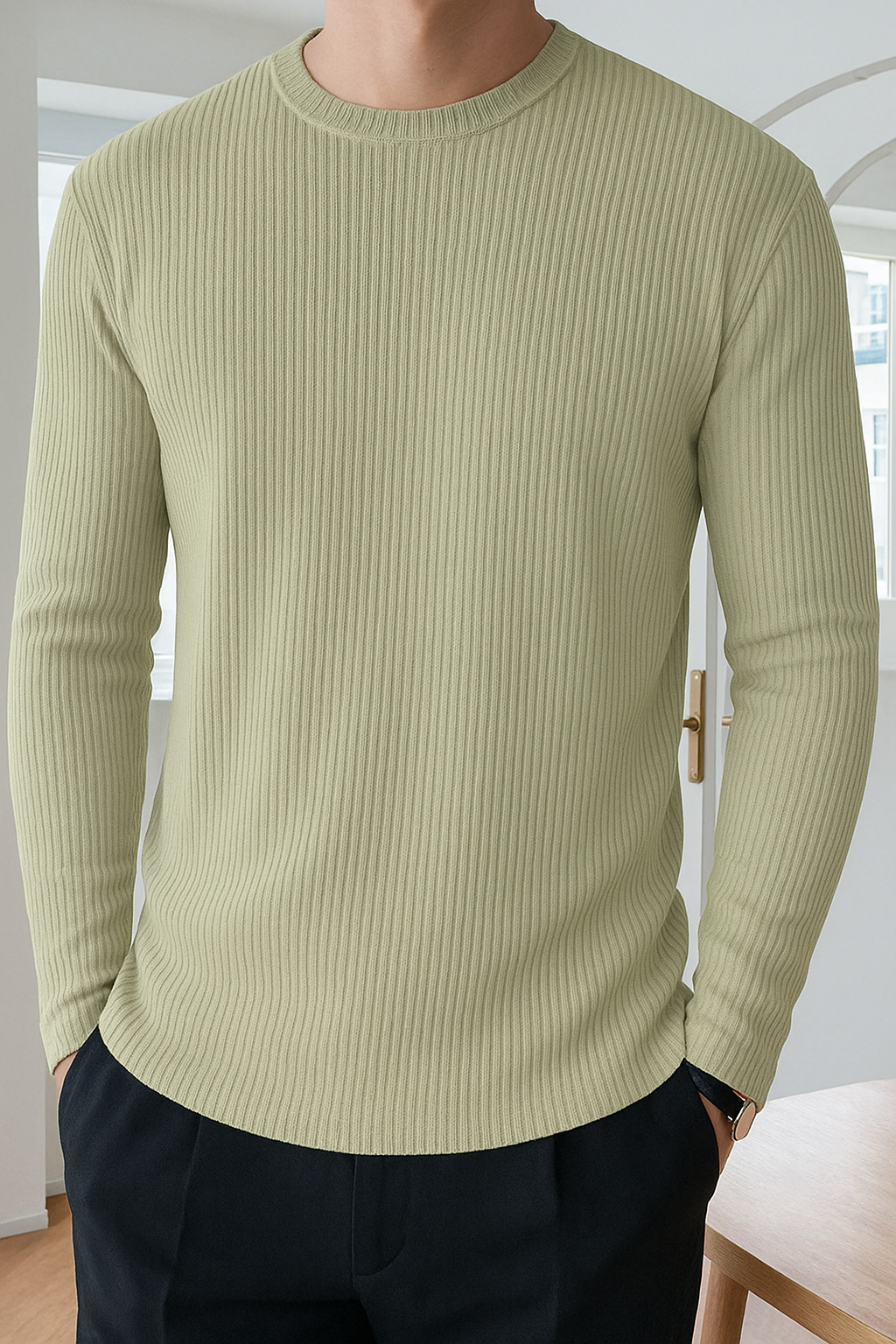 Premium RIB Cotton Full Sleeve T-shirt - Sage