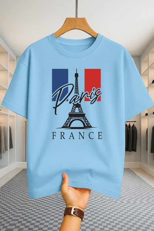 Drop Shoulder T-shirt - Paris Tower - Sky Blue