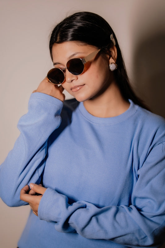 Women's  RIB Cotton Full Sleeve T-shirt - Sky