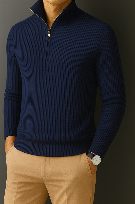 Premium Zipper RIB Cotton T-shirt -Blue