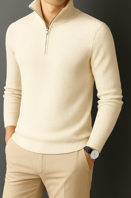 Premium Zipper RIB Cotton T-shirt - Bleach White