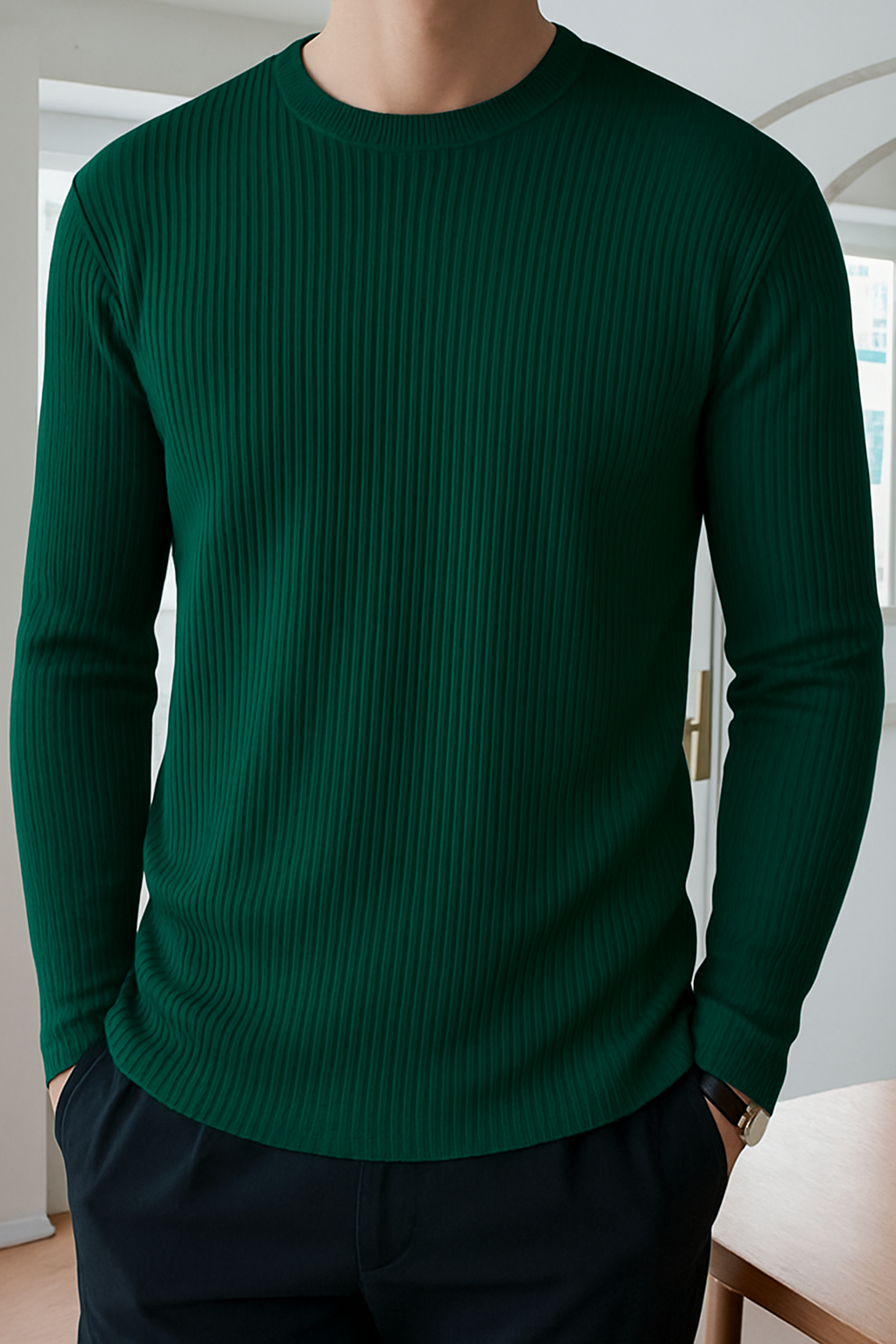 Premium RIB Cotton Full Sleeve T-shirt - Olive Green