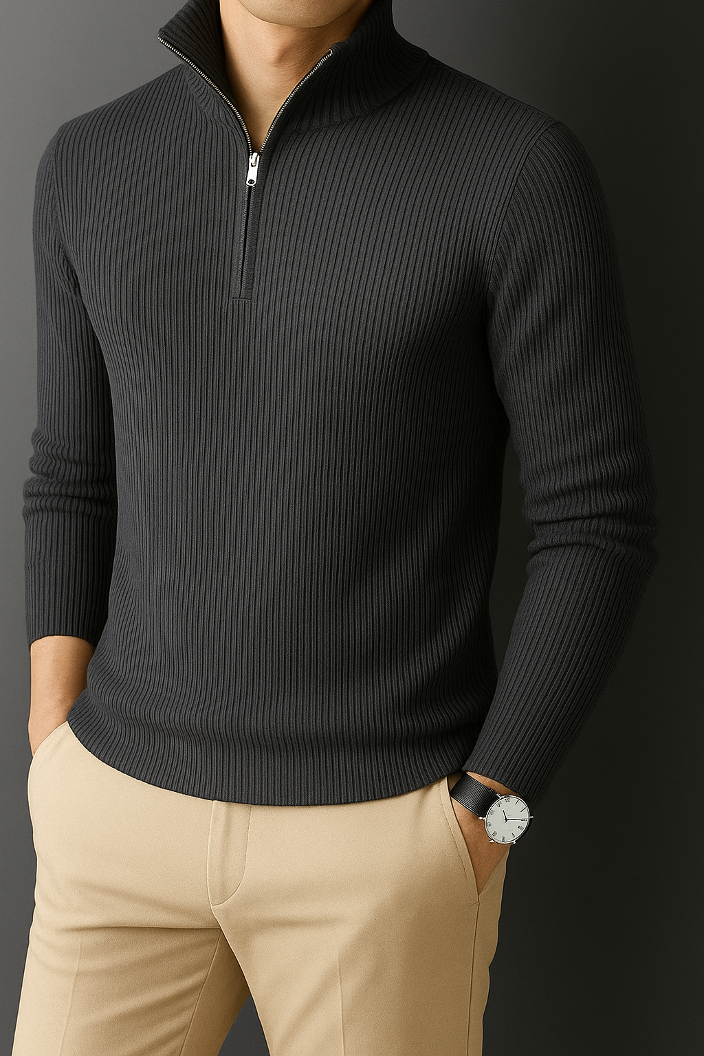 Premium Zipper RIB Cotton T-shirt - Dark Grey