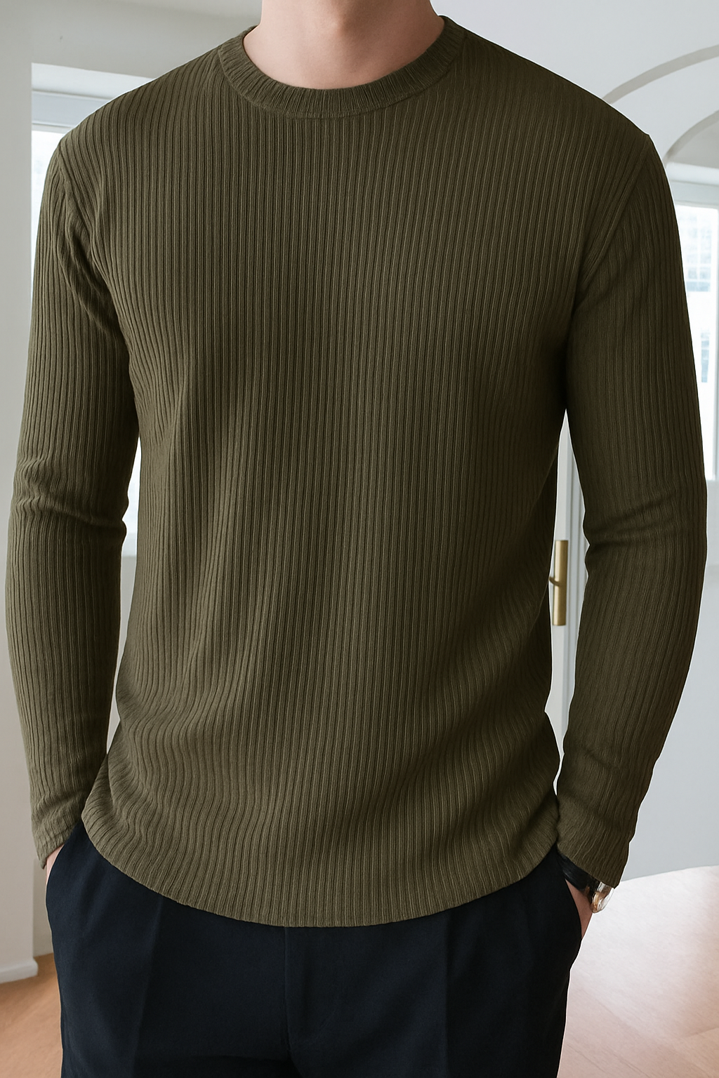 Premium RIB Cotton Full Sleeve T-shirt - Olive