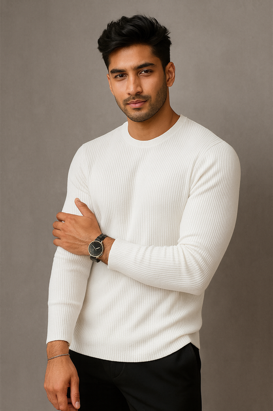 Premium RIB Cotton Full Sleeve T-shirt - White